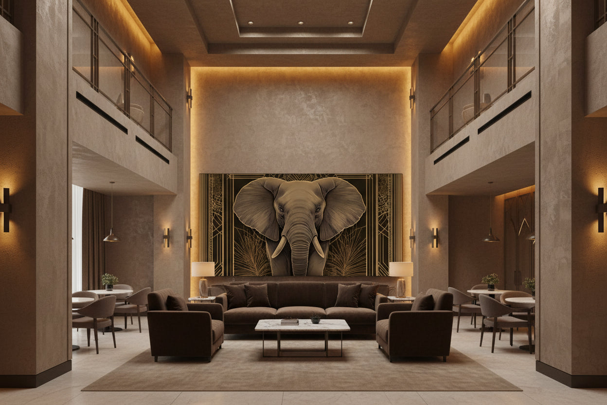 Luxurious hotel lobby with a large elephant mural on the wall.