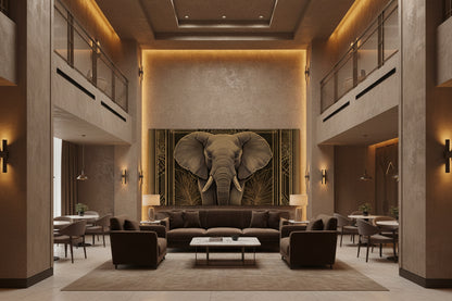 Luxurious hotel lobby with a large elephant mural on the wall.