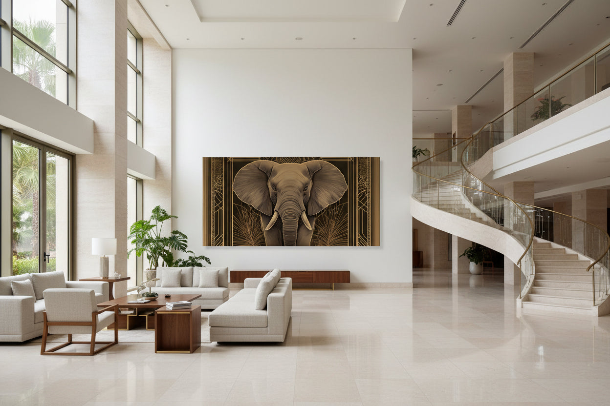 Statement elephant wall art in grand hotel lobby interior