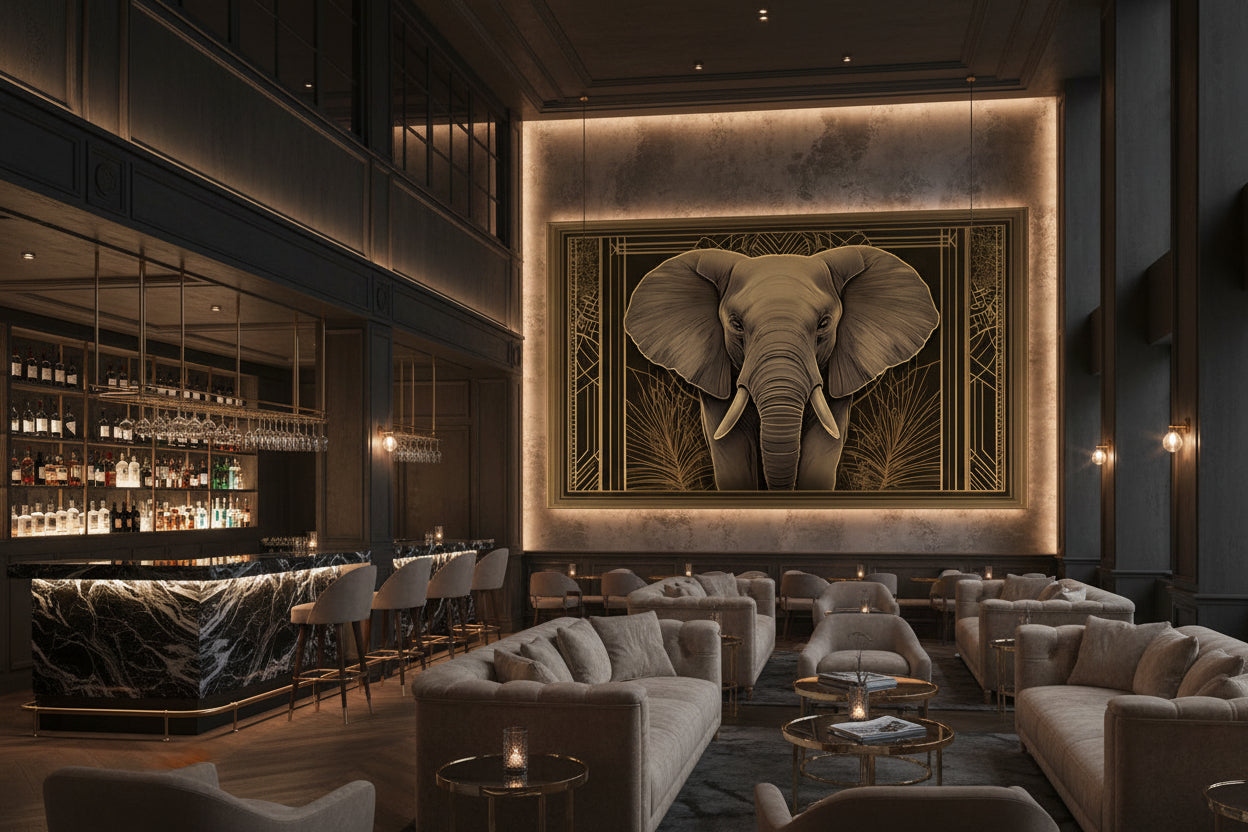 Luxurious lounge with elephant artwork on the wall and bar area.