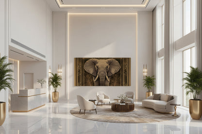 Modern interior design with a large elephant painting on the wall.