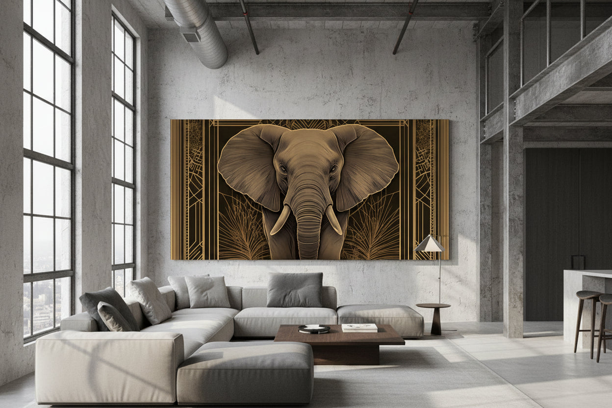 Modern living room with a large elephant painting on the wall