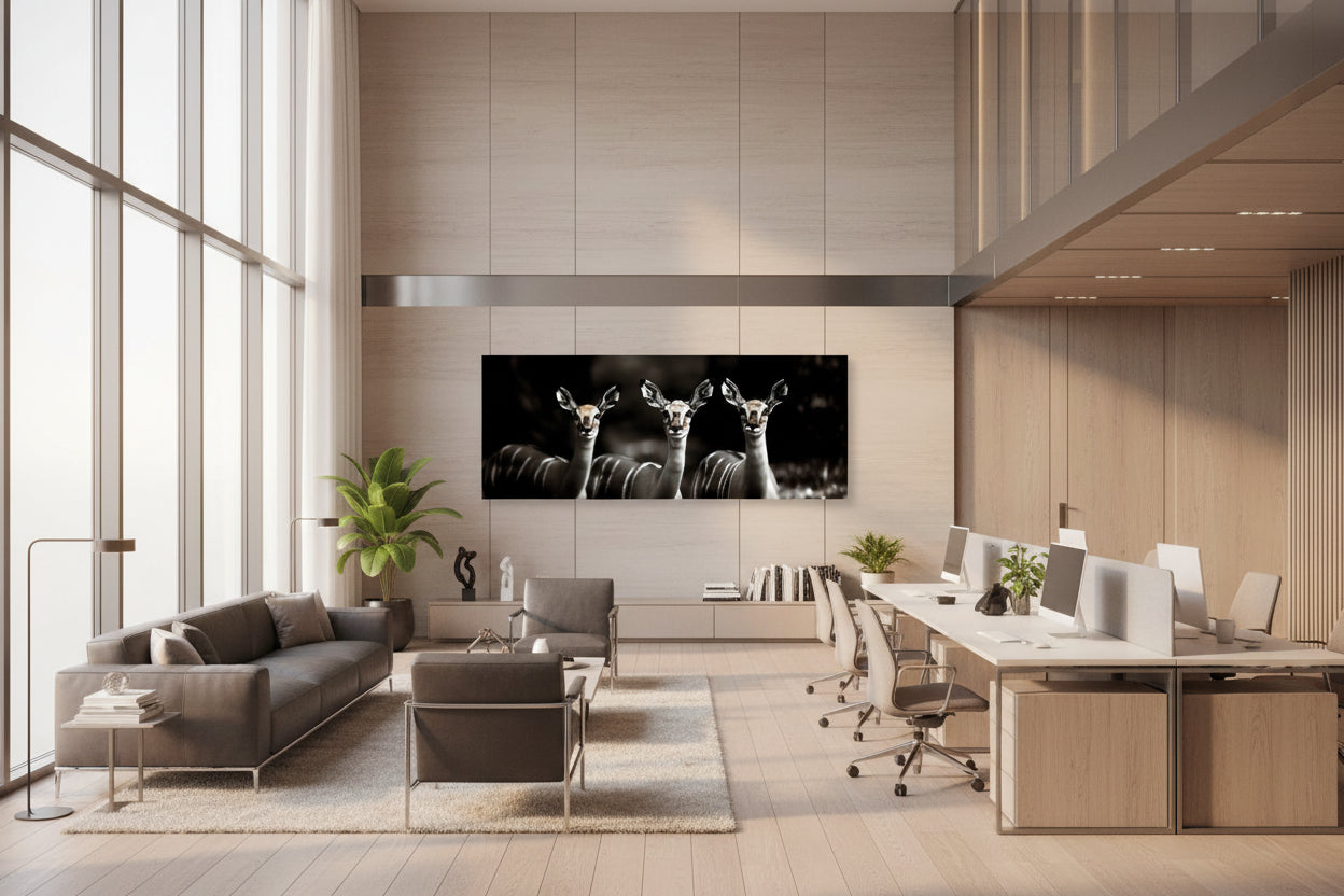 Oversized wall art featured in a contemporary shared office space with floor-to-ceiling windows and minimalist furniture.