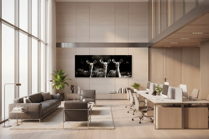Oversized wall art featured in a contemporary shared office space with floor-to-ceiling windows and minimalist furniture.