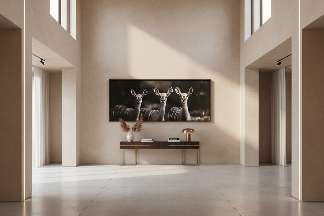 Oversized wall art featured in a luxury hallway with warm daylight and elegant furniture.