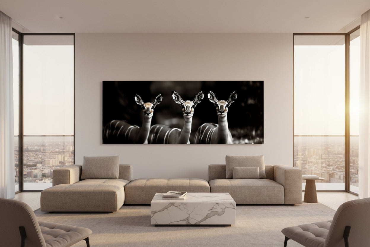Oversized wall art featured in a contemporary penthouse living room with floor-to-ceiling windows and minimalist furniture.