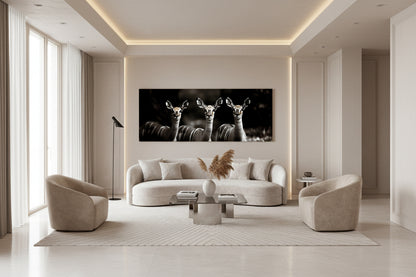 Oversized wall art featured in a contemporary living room with floor-to-ceiling windows and minimalist furniture.