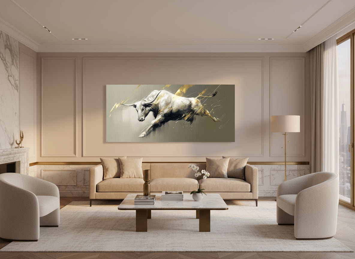 Modern living room with a large abstract painting of a bull on the wall.