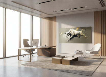Modern office interior with a desk, chairs, and a large painting of a charging ox on the wall.