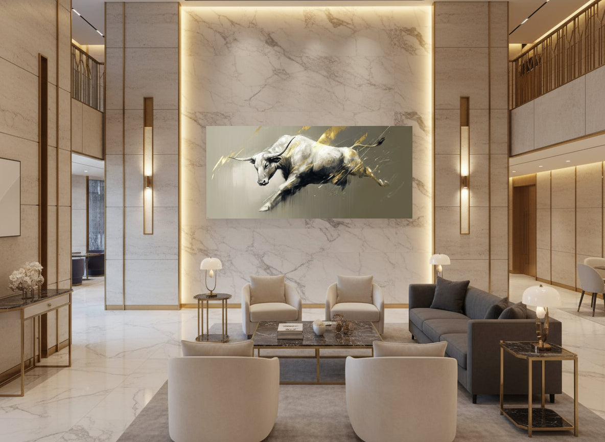 Modern hotel lobby interior with a large abstract painting of a charging bull on the wall.