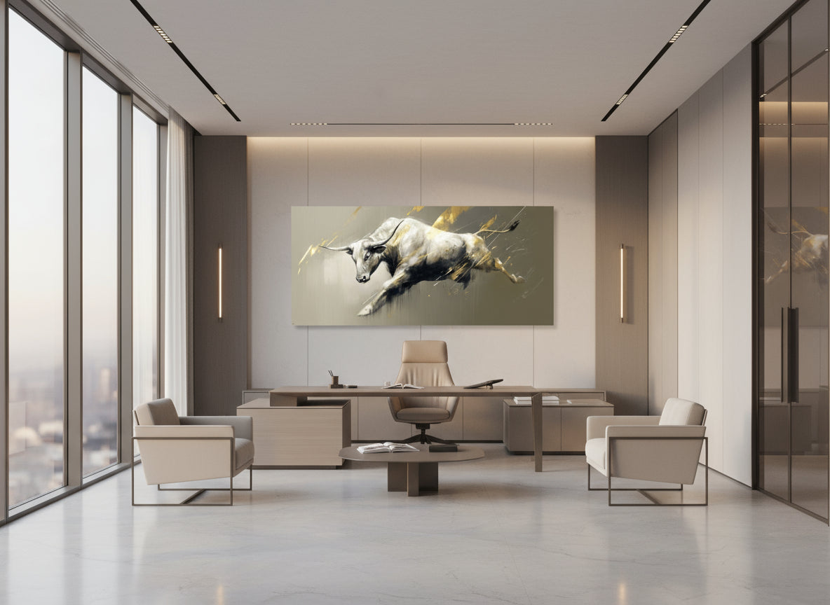 Modern office interior with a large painting of a bull on the wall.