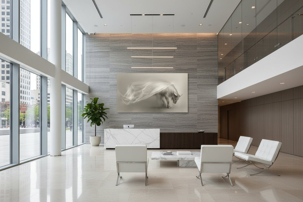 Large ox statement artwork centered above console table in corporate lounge with terrace windows and designer seating.