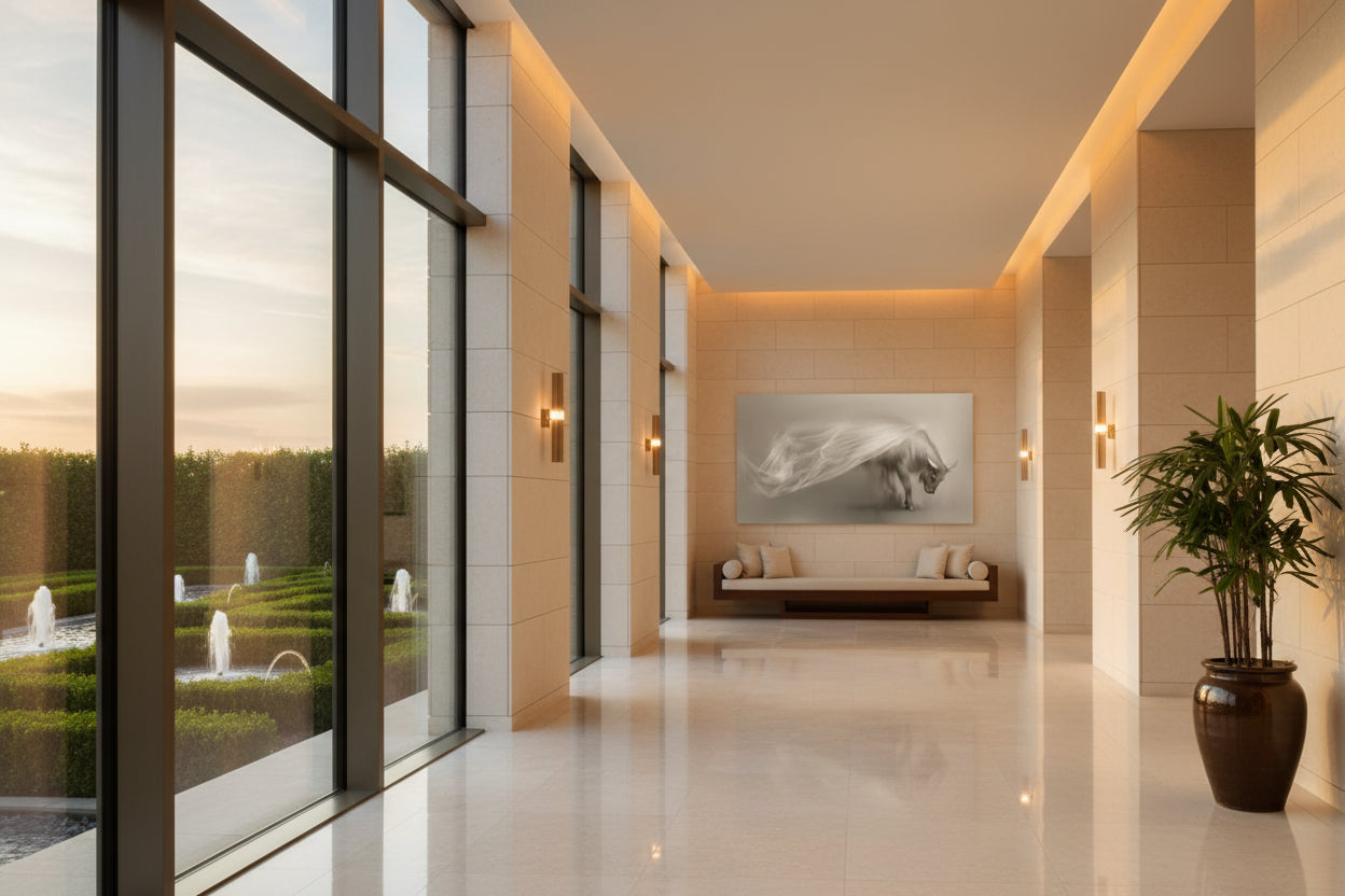Large ox wall art installed along corridor wall above minimalist bench seating in luxury hotel hallway.