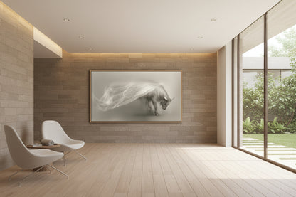 Modern spa waiting area with a large ox wall art installed on a stone wall, modern minimal chairs, garden view through large windows