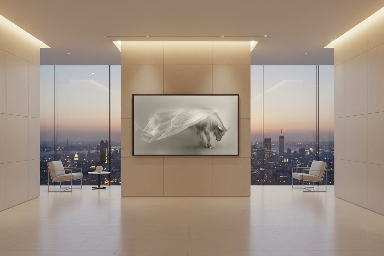 Modern interior with a large framed artwork of an ox on a wall, overlooking a cityscape.