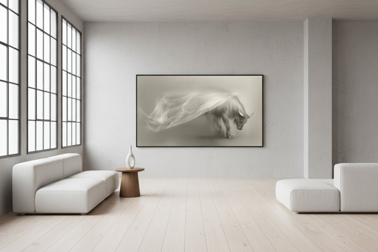 Large ox wall art installed on a wall in a modern room with a white chair and ottoman.