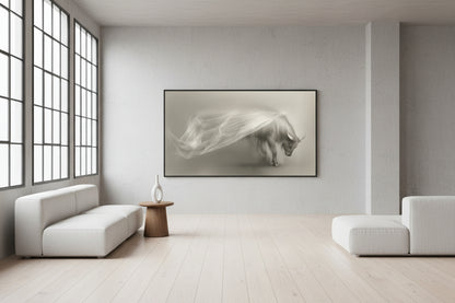 Large ox wall art installed on a wall in a modern room with a white chair and ottoman.