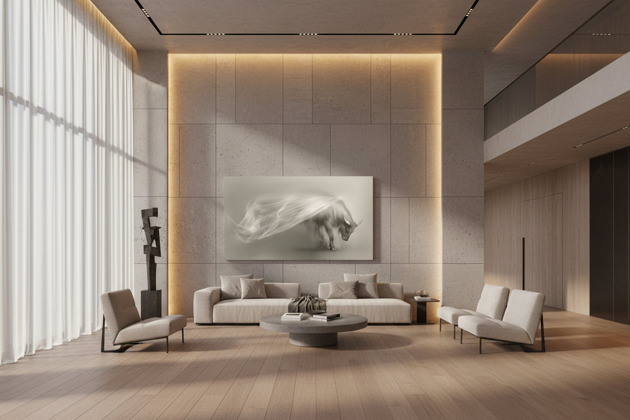 Emotional ox fine art print showcased as large dominating artwork in an elegant residential or commercial space