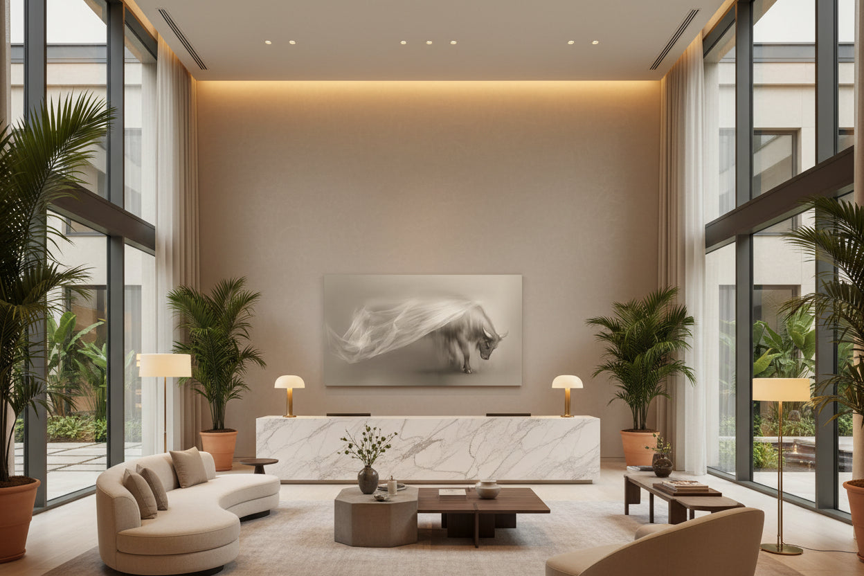 Large ox statement artwork displayed on architectural wall behind marble reception desk in boutique hotel lobby with double-height ceilings.