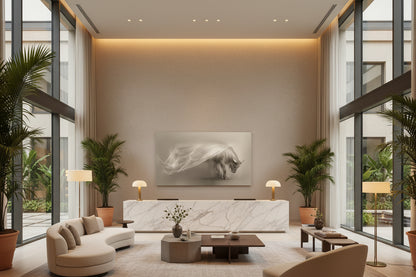 Large ox statement artwork displayed on architectural wall behind marble reception desk in boutique hotel lobby with double-height ceilings.