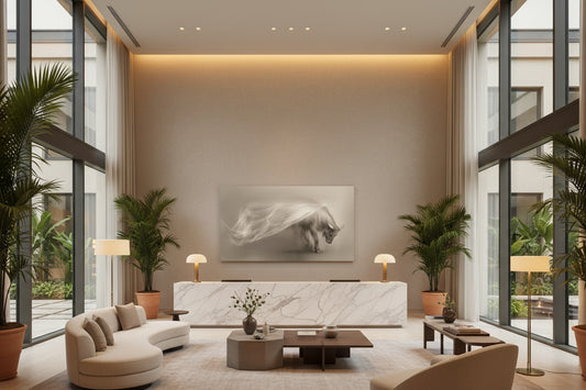 Large ox statement artwork displayed on architectural wall behind marble reception desk in boutique hotel lobby with double-height ceilings.