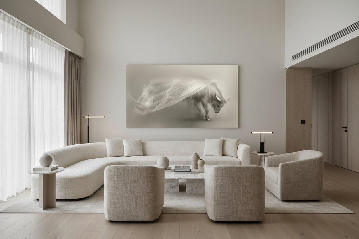 Fine art ox print presented as oversized statement wall art in a elegant hotel suite living area, high-end interior setting