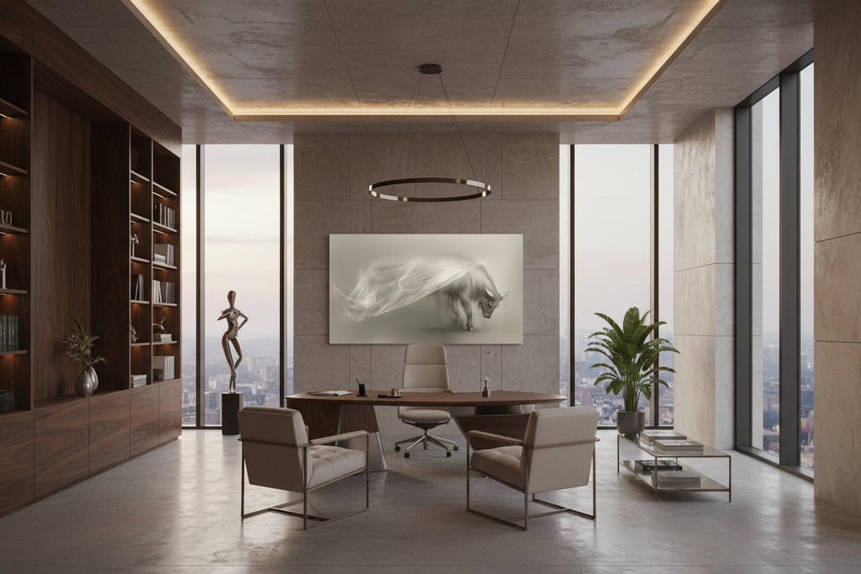 Emotional ox fine art print showcased as large dominating artwork in an elegant executive office