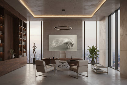 Emotional ox fine art print showcased as large dominating artwork in an elegant executive office