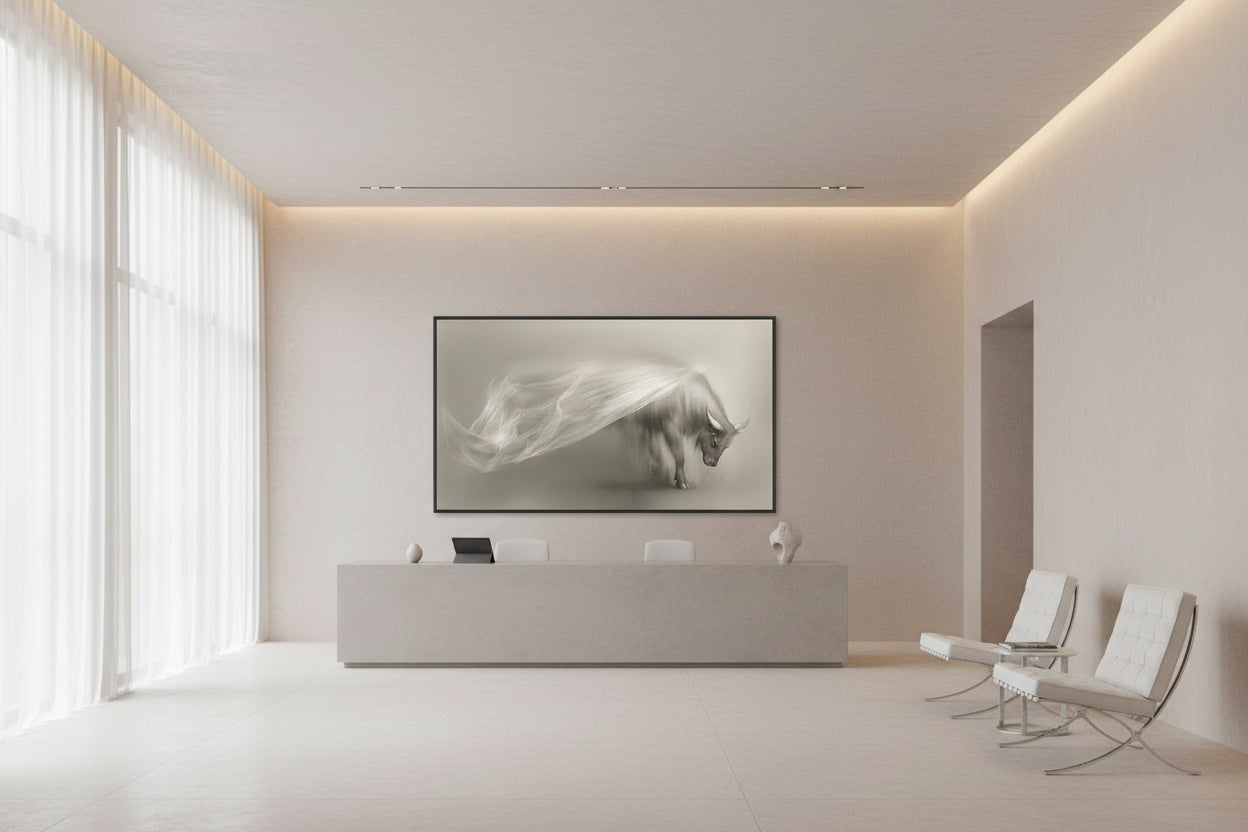 Modern reception area with a large ox wall art installed above minimalist reception desk, minimal furniture, and soft lighting.