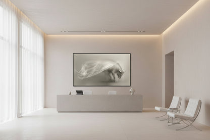 Modern reception area with a large ox wall art installed above minimalist reception desk, minimal furniture, and soft lighting.