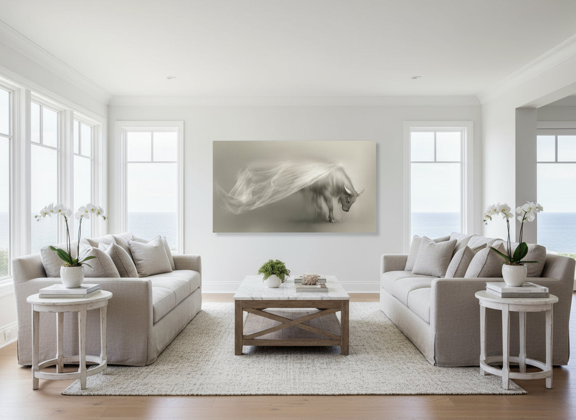 Bearing |  elegant statement fine art Ox Wall Art  hanging as a focal piece on an open wall in a modern neutral toned living room| Limited Edition | Wild Essence