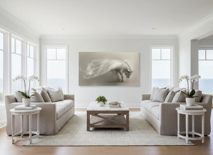 Bearing |  elegant statement fine art Ox Wall Art  hanging as a focal piece on an open wall in a modern neutral toned living room| Limited Edition | Wild Essence