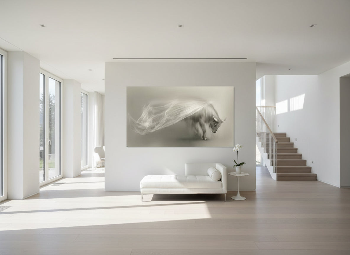 Bearing |  elegant statement fine art Ox Wall Art  hanging as a focal piece on an open wall in a modern toned entrance way| Limited Edition | Wild Essence