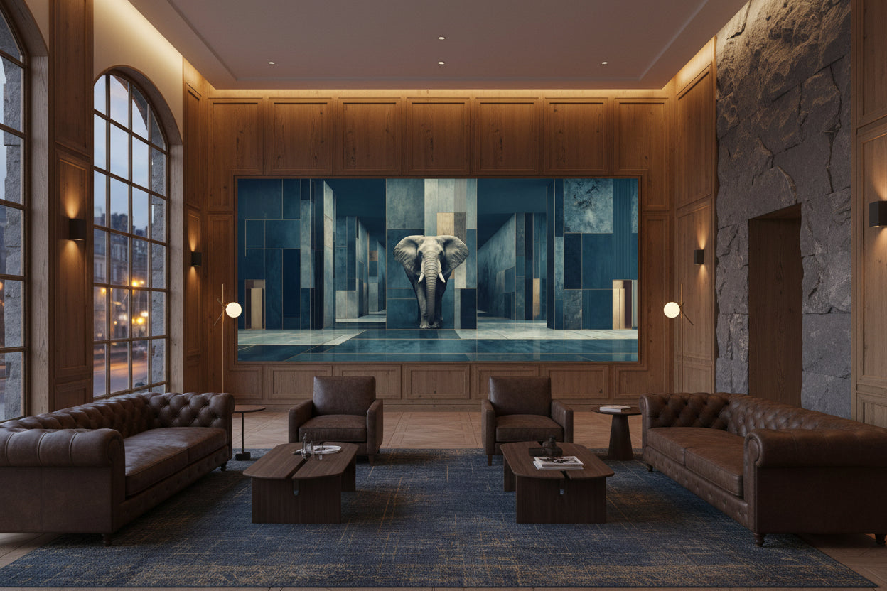 Framed elephant wall art in private members club lounge interior