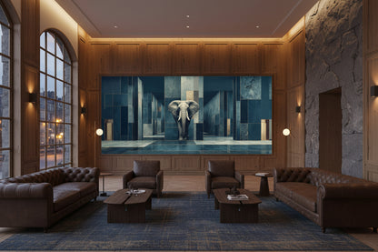 Framed elephant wall art in private members club lounge interior