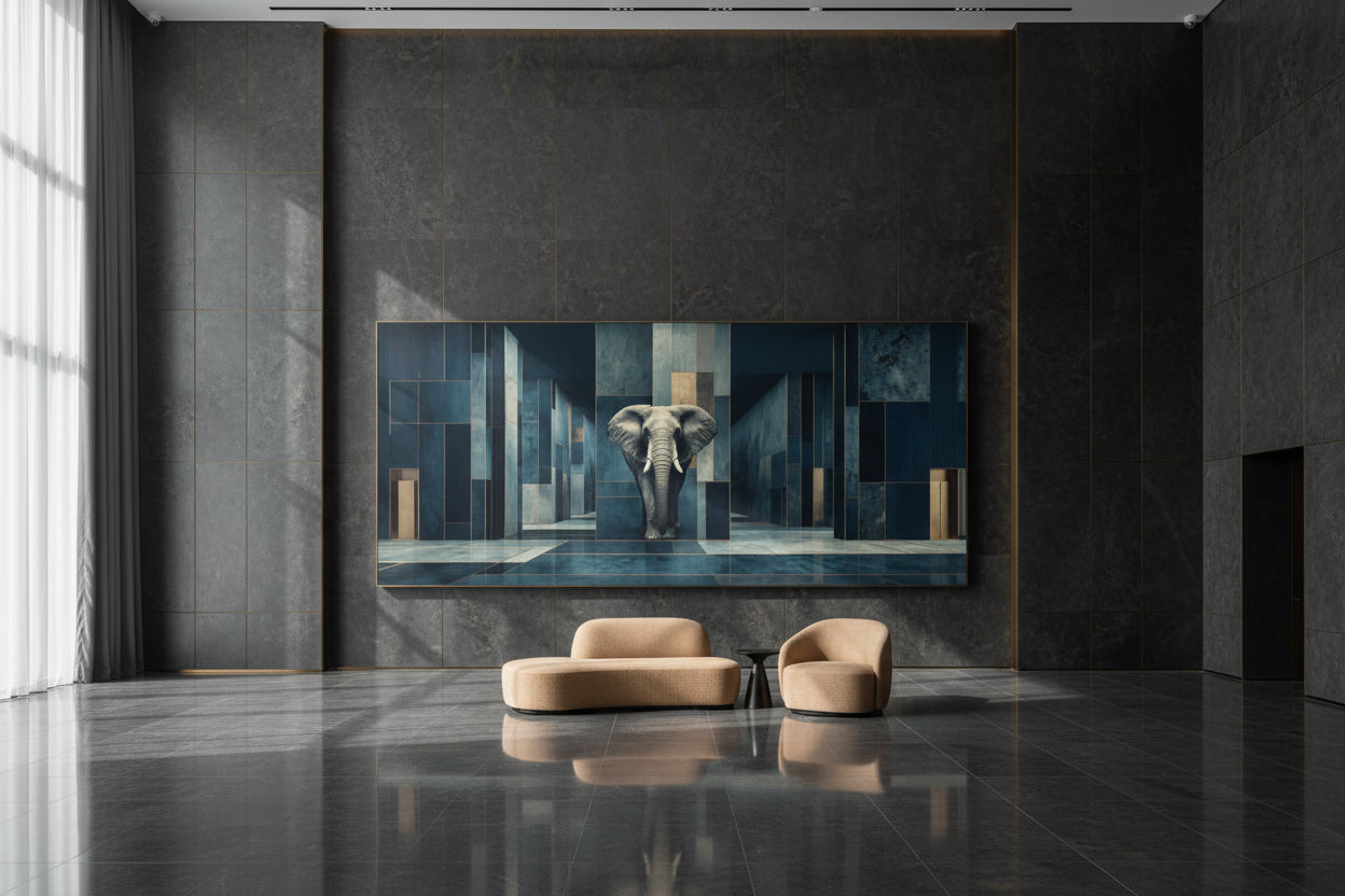 Framed elephant artwork in ultra luxury corporate headquarters executive hall