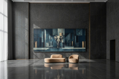 Framed elephant artwork in ultra luxury corporate headquarters executive hall