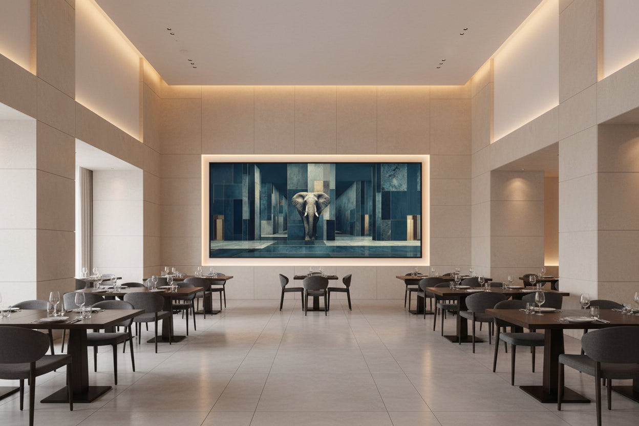 Framed elephant wall art in ultra luxury fine dining restaurant interior