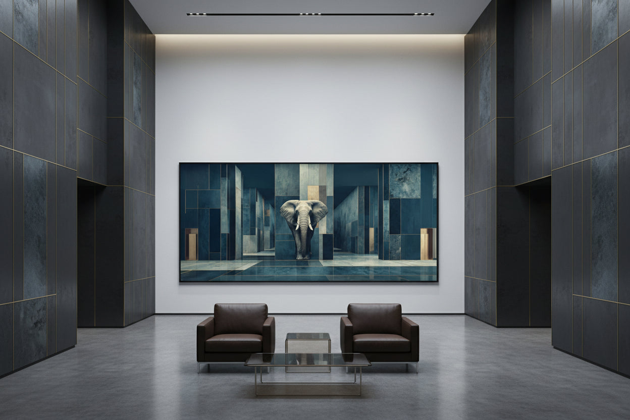 Framed elephant artwork in ultra luxury corporate headquarters executive hall