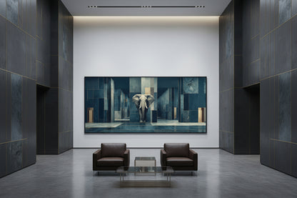 Framed elephant artwork in ultra luxury corporate headquarters executive hall