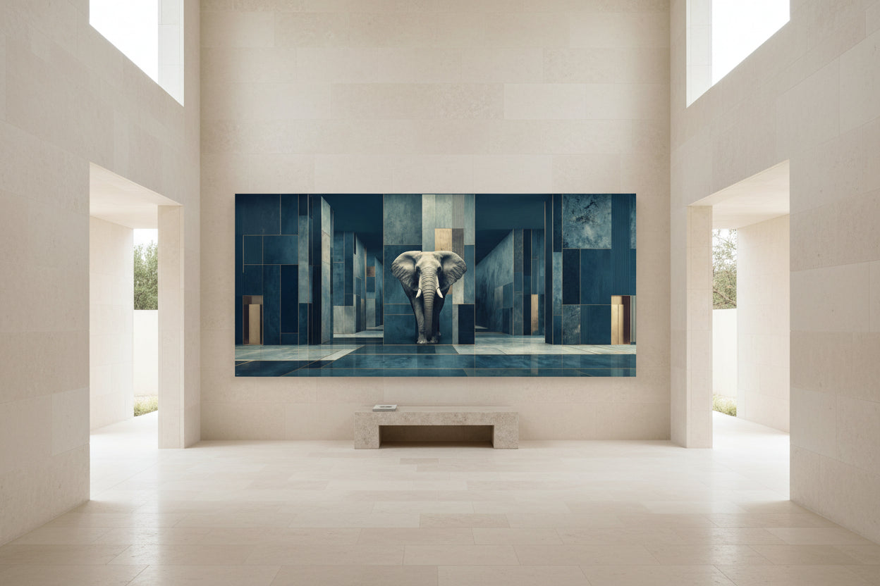 Large elephant artwork in luxury gallery corridor installation space