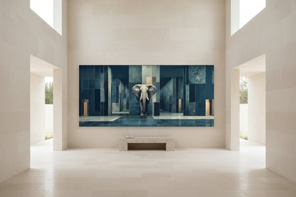 Large elephant artwork in luxury gallery corridor installation space