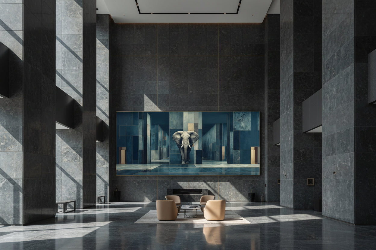 Framed elephant artwork in ultra luxury corporate headquarters executive hall