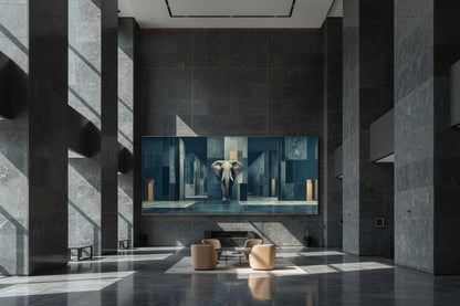 Framed elephant artwork in ultra luxury corporate headquarters executive hall