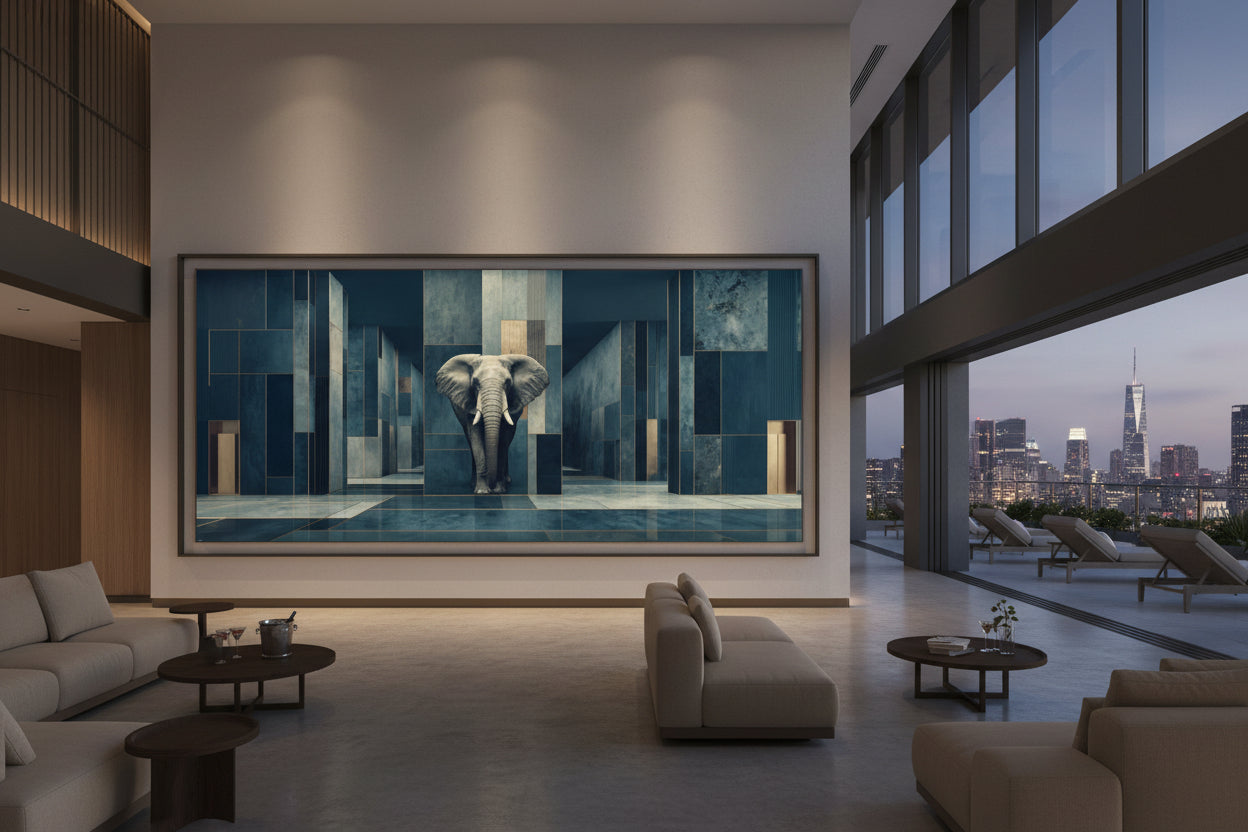 Framed elephant artwork in luxury rooftop sky lounge with city view