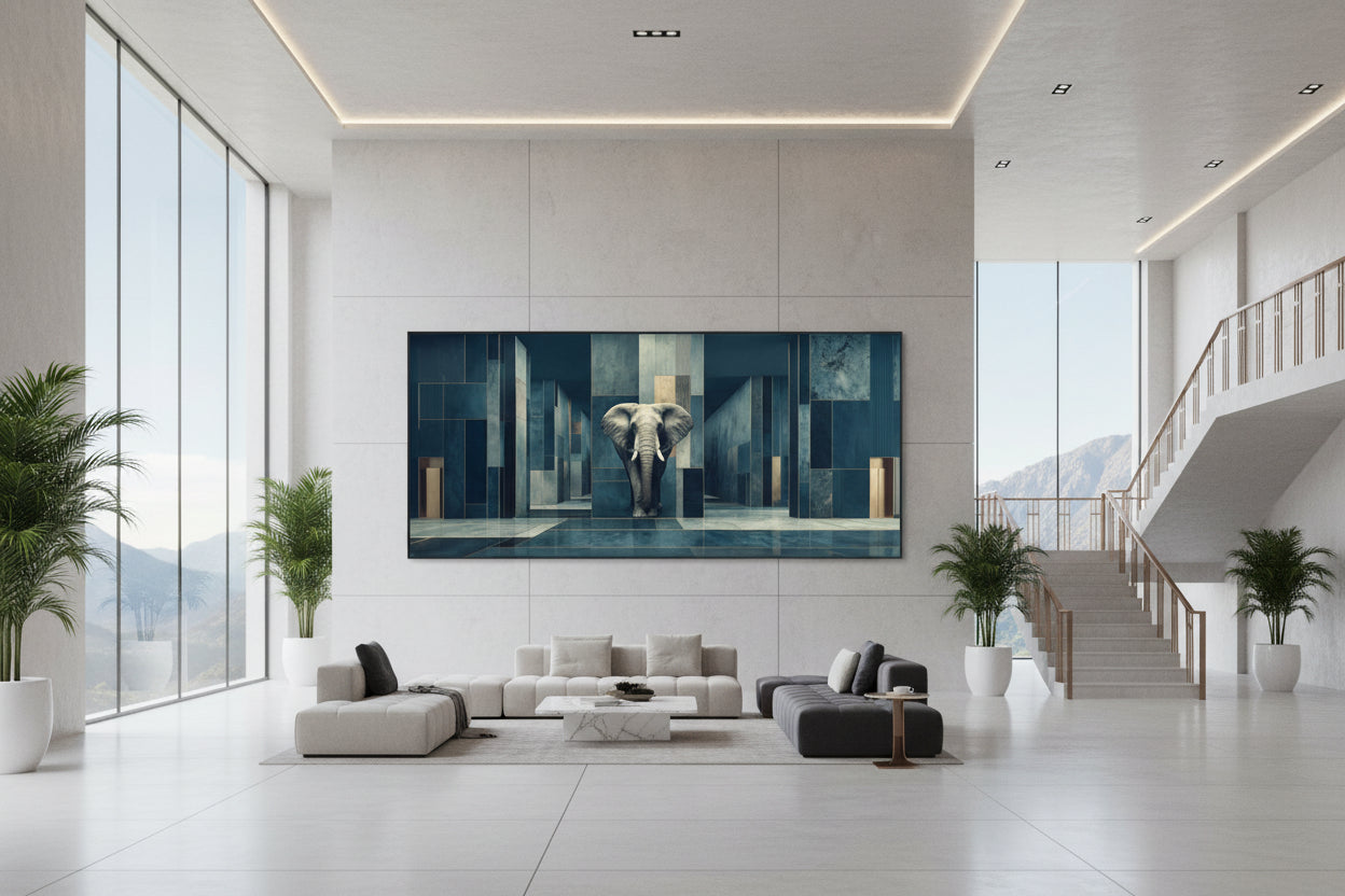 Framed elephant wall art in grand architectural hall with staircase