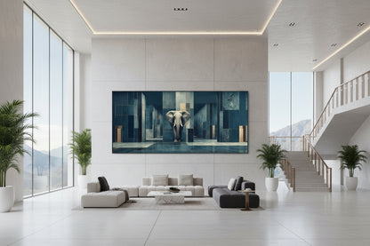 Framed elephant wall art in grand architectural hall with staircase