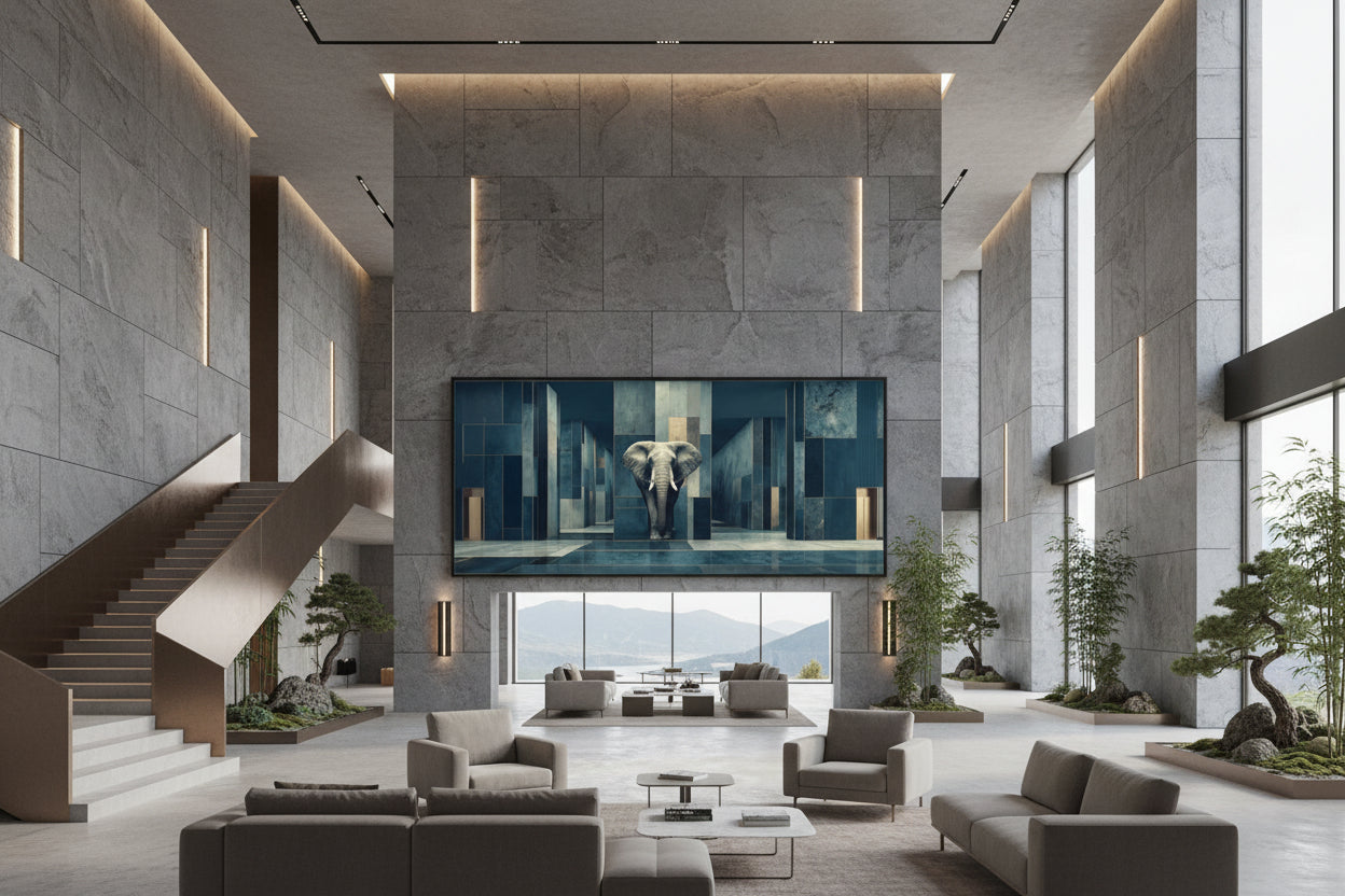 Framed elephant wall art in grand architectural hall with staircase