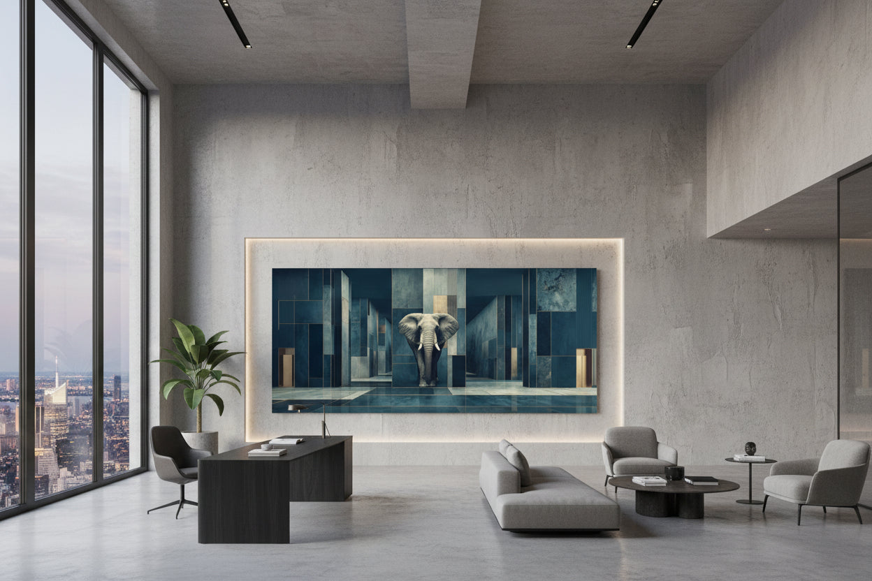 Large elephant wall art in minimalist architectural office with city view