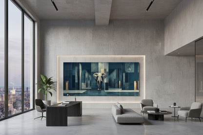 Large elephant wall art in minimalist architectural office with city view